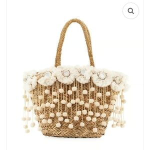 FLORA BELLA Kailua Straw Beach Tote Bag with Fringe & Pompom